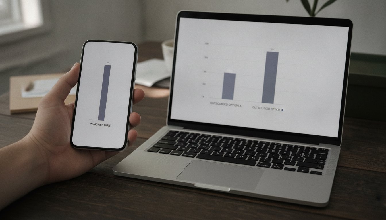 A phone showing one tall cost bar beside a laptop showing two shorter bars, comparing an in-house SEO hire to outsourcing