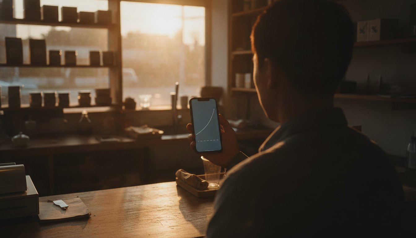 Shop owner at the counter at dusk checking a phone graph cross the point where SEO spending starts paying for itself