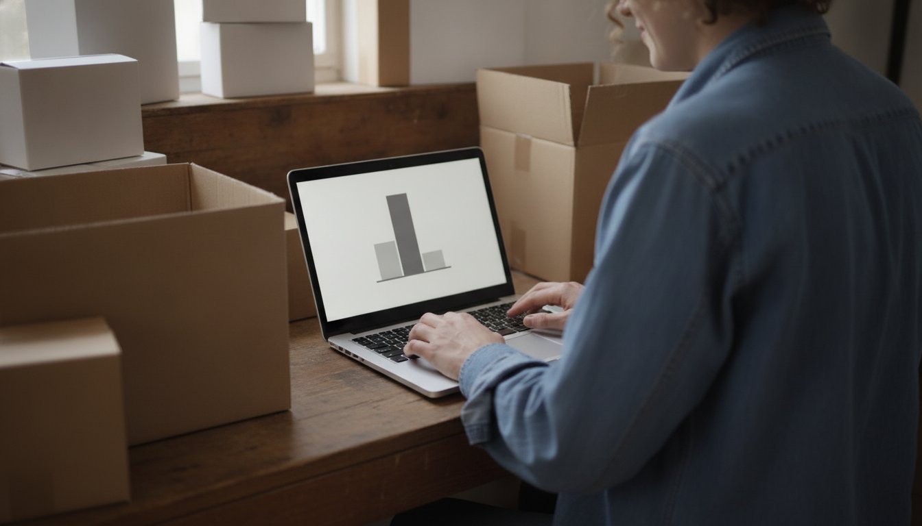 A shop owner at a packing bench checking a laptop showing a single stacked bar chart, the three layers that make up what Shopify takes per sale