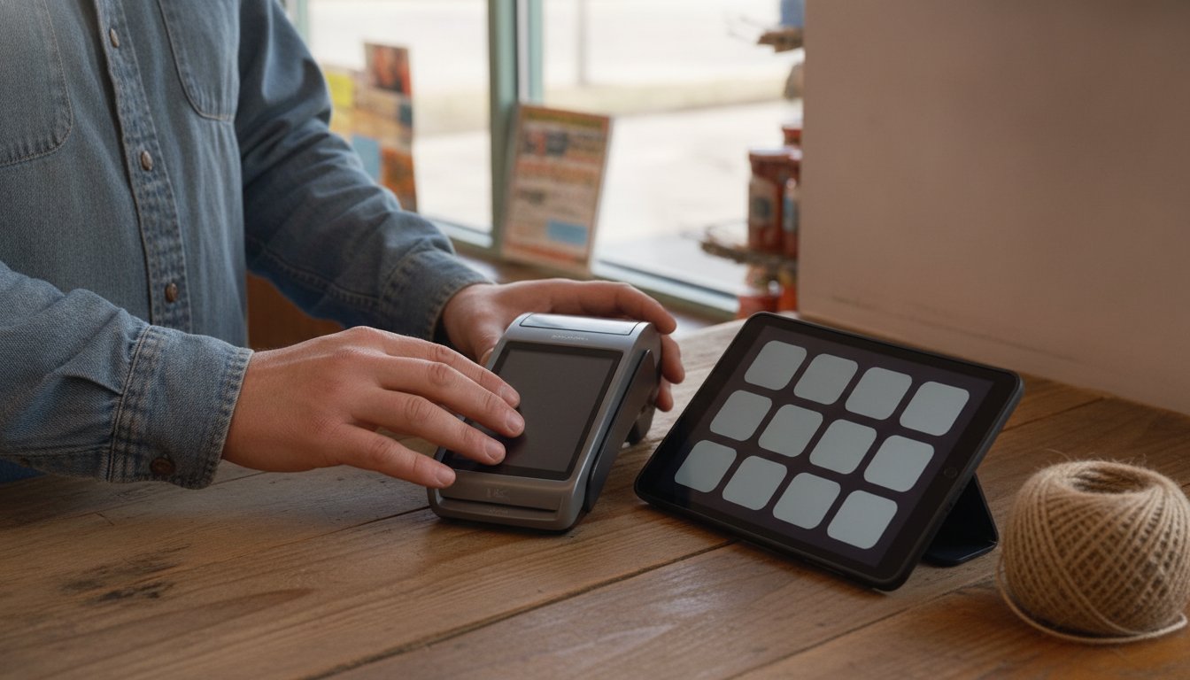 Hands at a farm-store checkout adjusting a card reader beside a tablet showing a grid of app icons, the other costs that come with a Shopify store