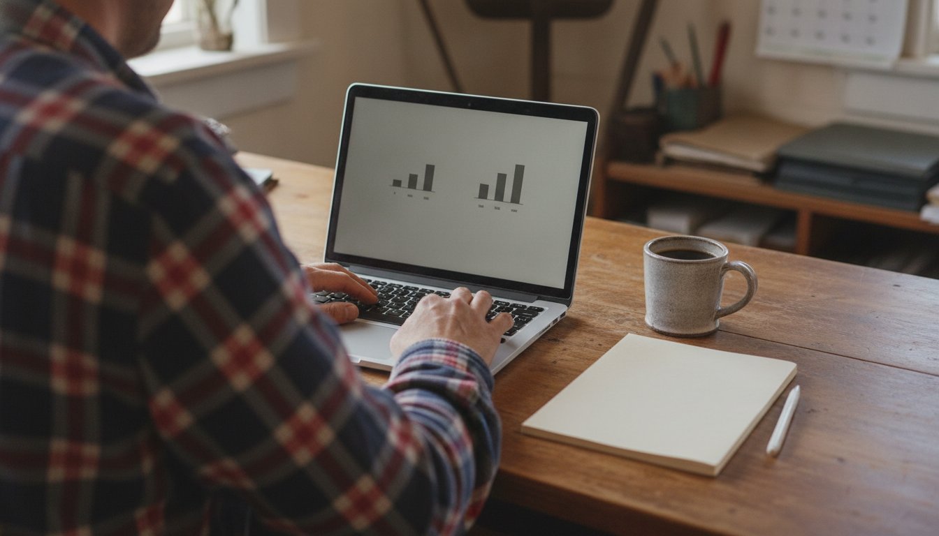 A farm office desk with a laptop showing two small bar chart clusters beside a coffee mug, comparing what a small Shopify store pays each month at different sales volumes