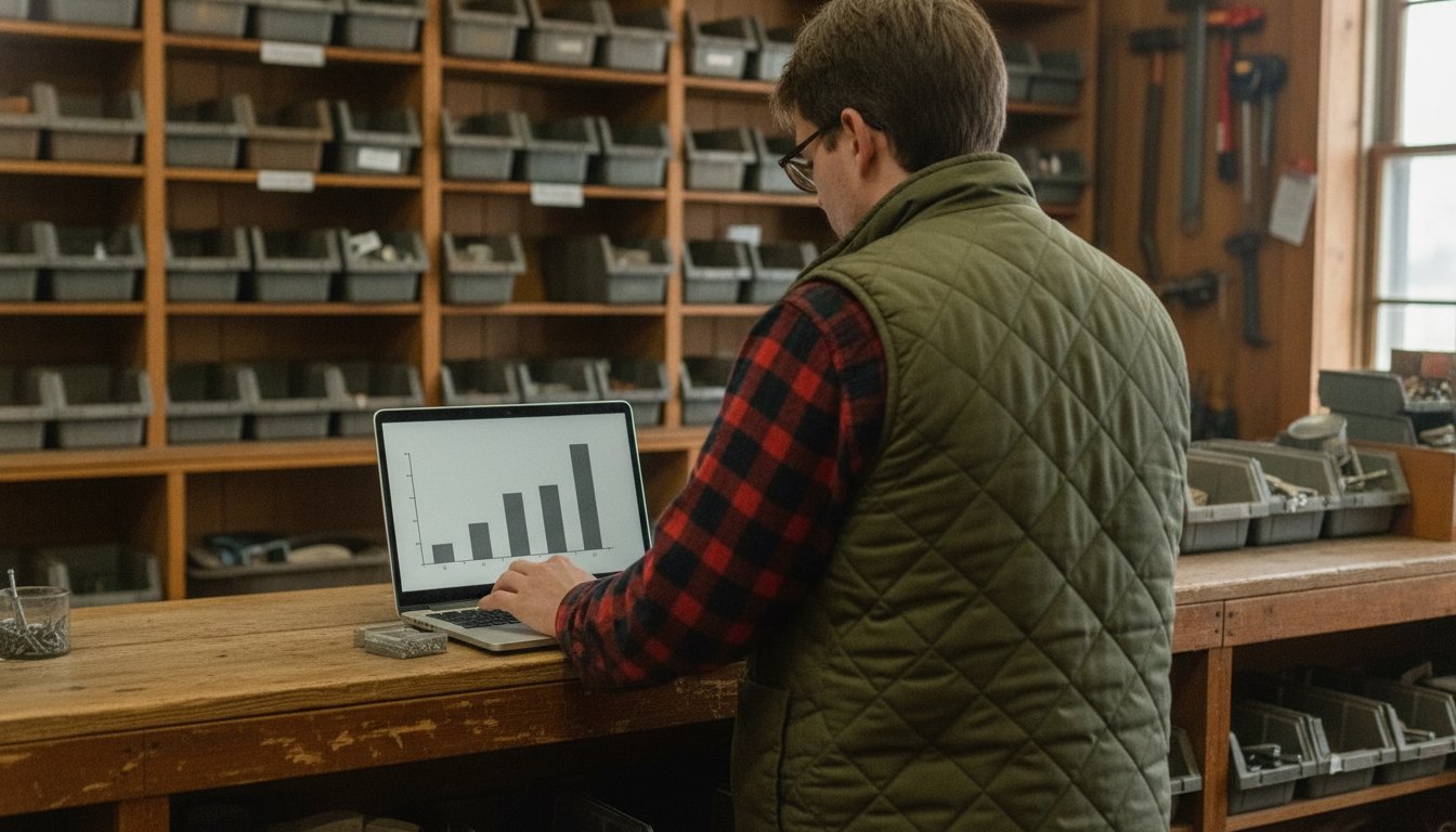 A shop owner at a hardware store counter checking a laptop showing a rising bar chart, comparing Shopify fees to Etsy and Amazon