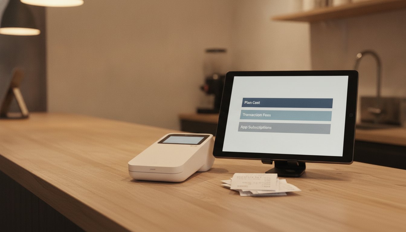 A shop counter with a laptop showing a rising cost bar chart, coins, a calculator and shipping boxes, the real all-in monthly bill for running a Shopify store