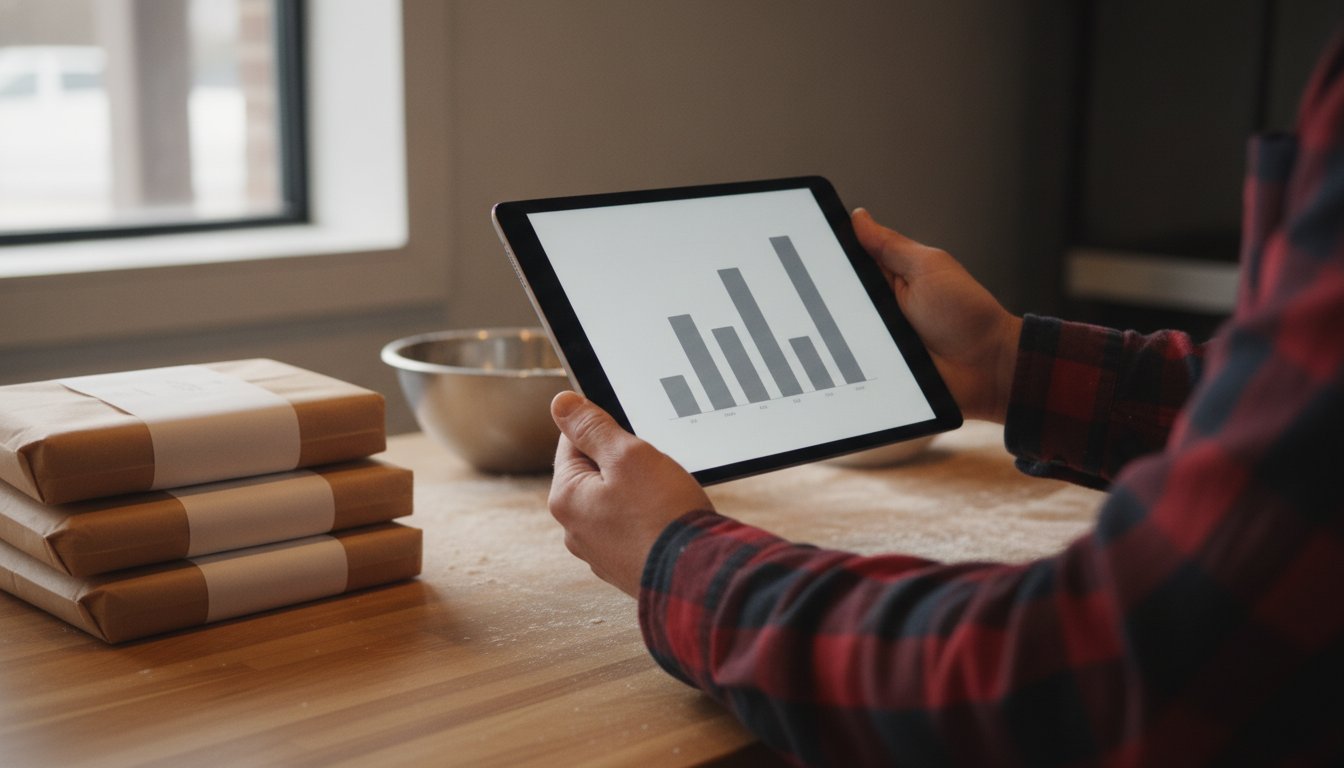 Hands holding a tablet showing a bar chart of rising costs at a bakery counter, the layered subscription, processing and extras that make up a Shopify bill