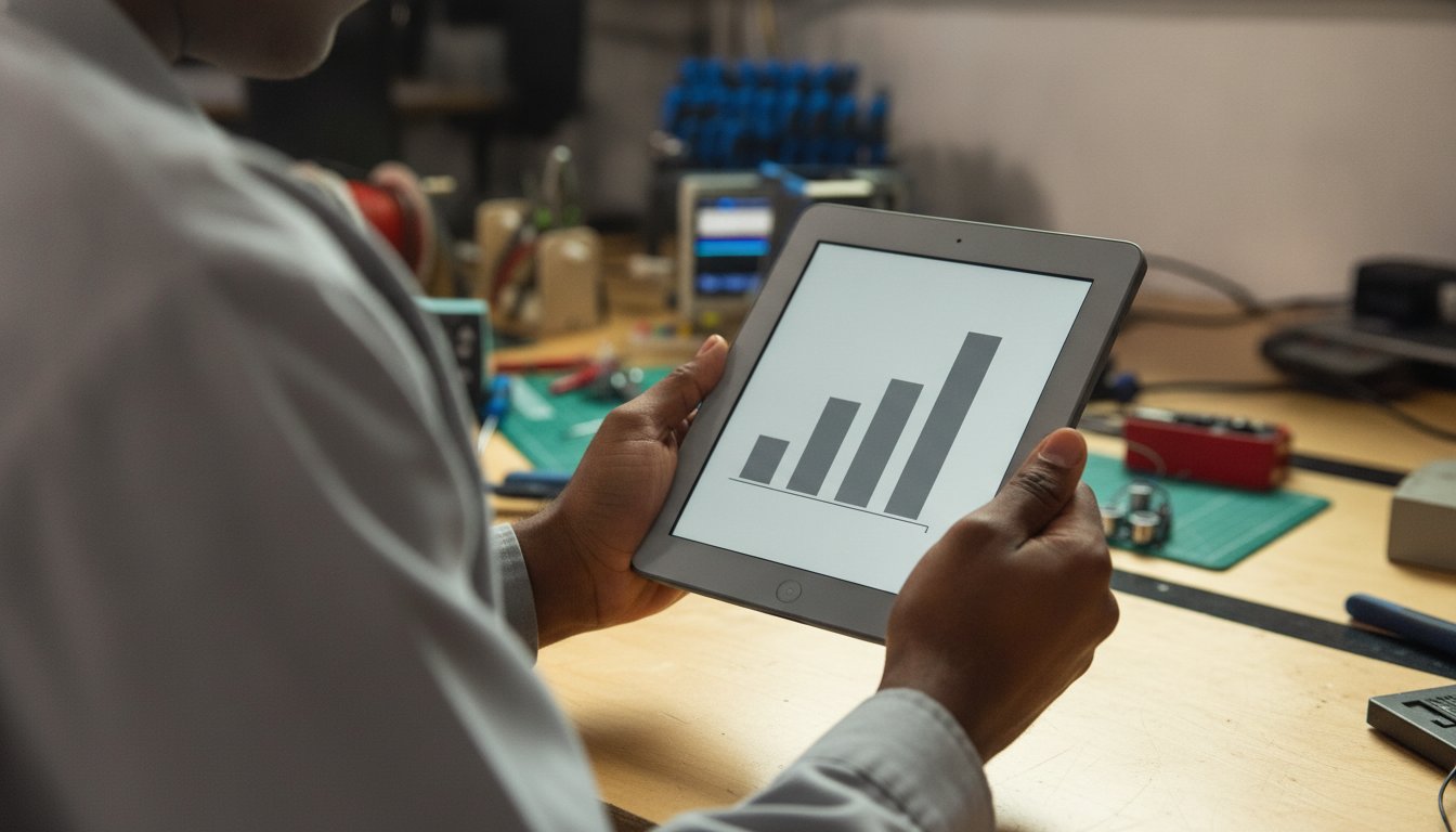 Hands holding a tablet showing a bar chart of three columns of different heights at a workbench, the three cost lanes of DIY, freelance and agency web design