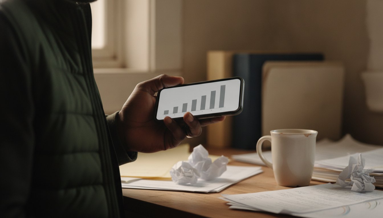 A hand holding a phone showing a bar chart climbing left to right at a farm office desk, website cost climbing with page count and site complexity
