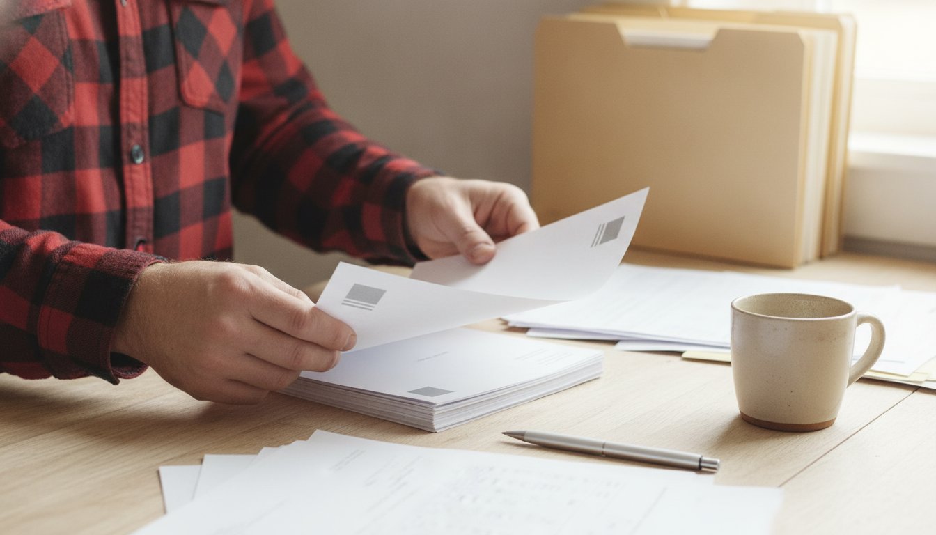 Hands sorting a small stack of plain invoices at a farm office desk, the recurring domain, hosting and maintenance costs after a website launches