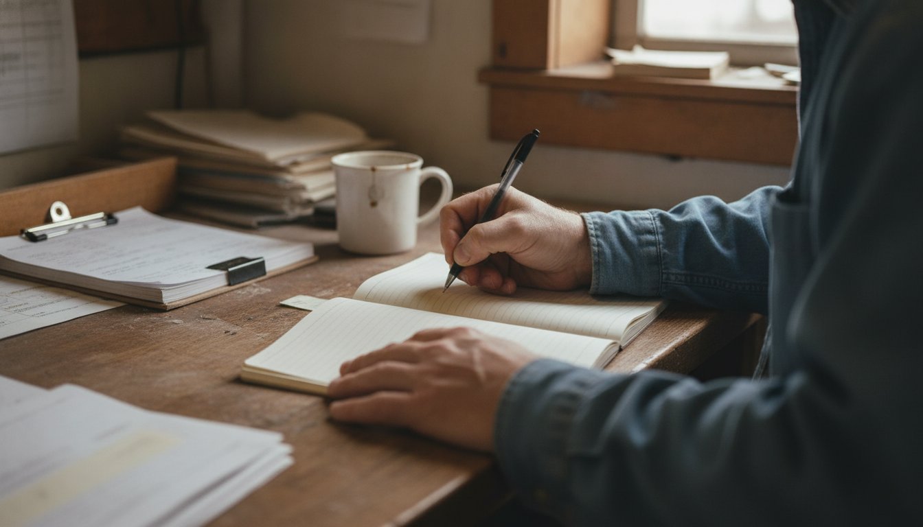 A hand writing by hand in a plain notebook at a small feed-store back office desk with no laptop in sight, doing it yourself when a paid web design build is not worth it yet
