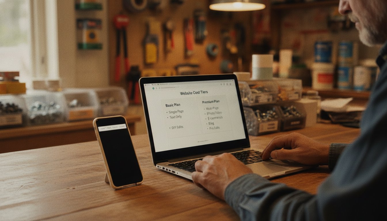 A small-town bakery owner working at a plain wooden counter with a laptop open showing a simple website layout, the real range of what web design costs in 2026