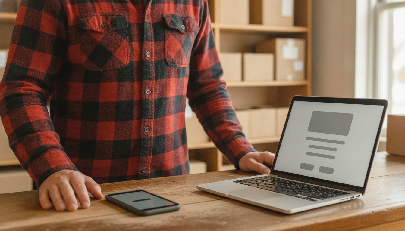 Hands at a hardware store counter beside a phone showing a bare single line and a laptop showing a full website layout, the wide price spread hiding under one label