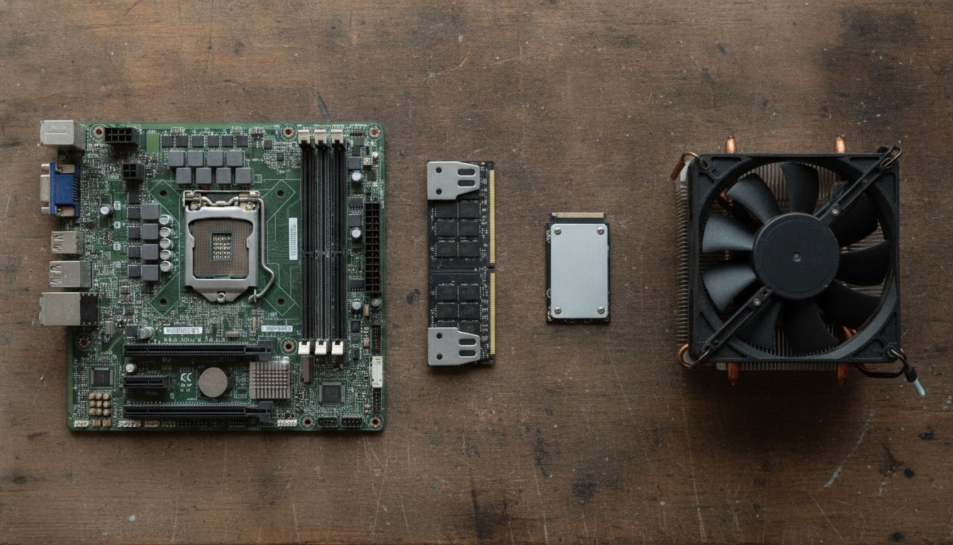 The core parts of a PC build laid out on a bench: motherboard, memory, solid state drive and cooler
