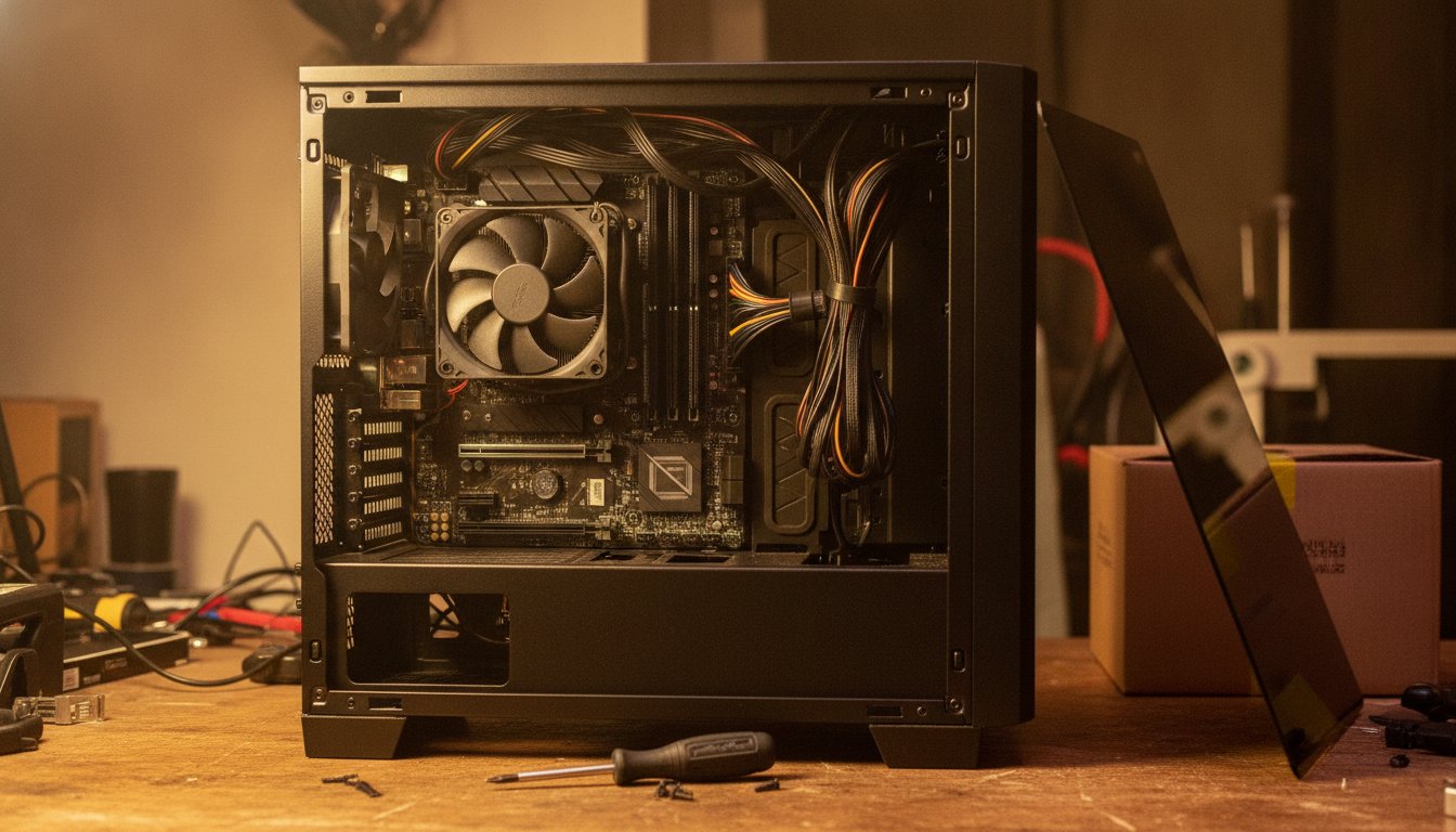 A half finished PC build on the bench with the cables still loose, the stage where a first build slows down