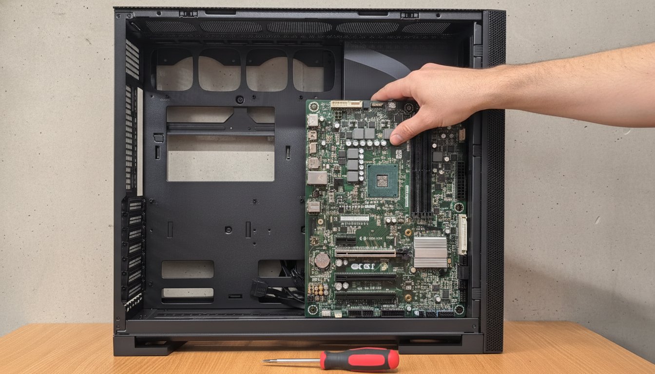 Lowering a motherboard into an open case during a bench PC build