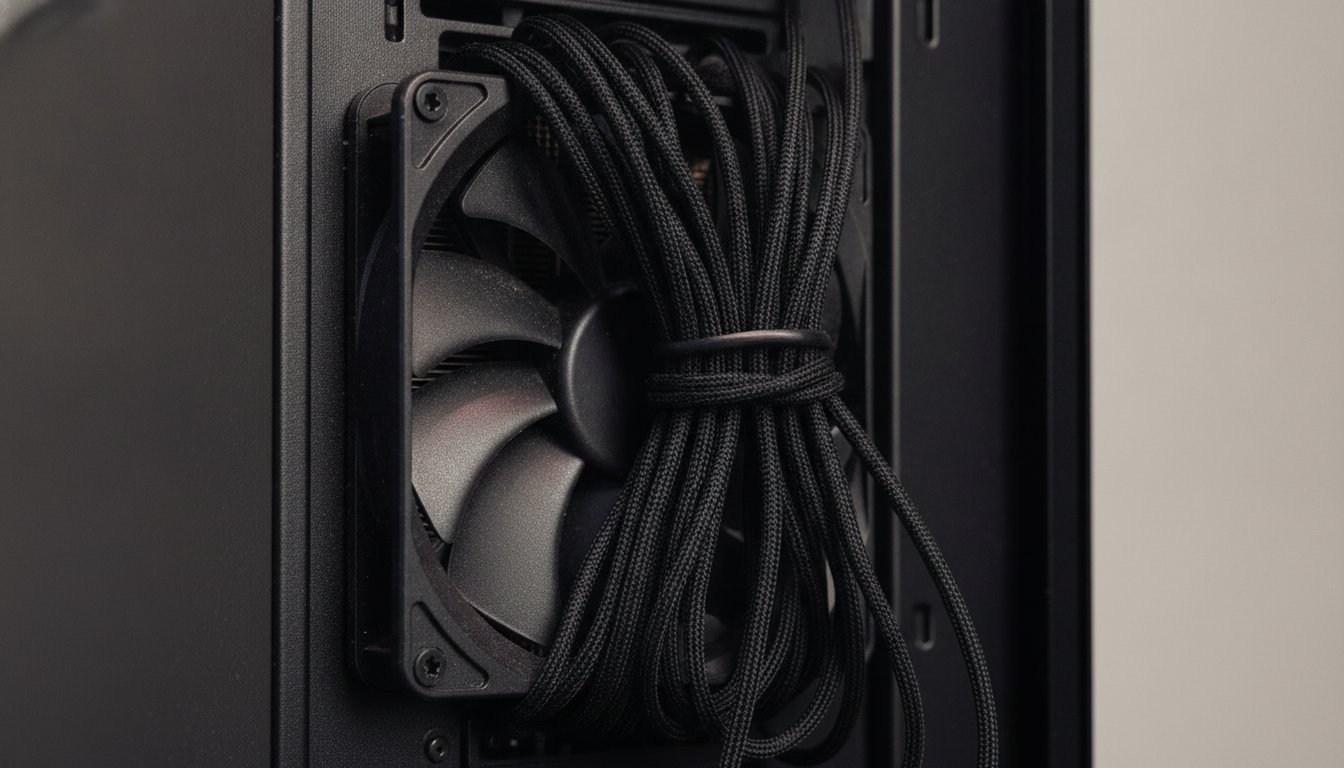 Loose cables left hanging across a case fan, one of the build mistakes that costs money later