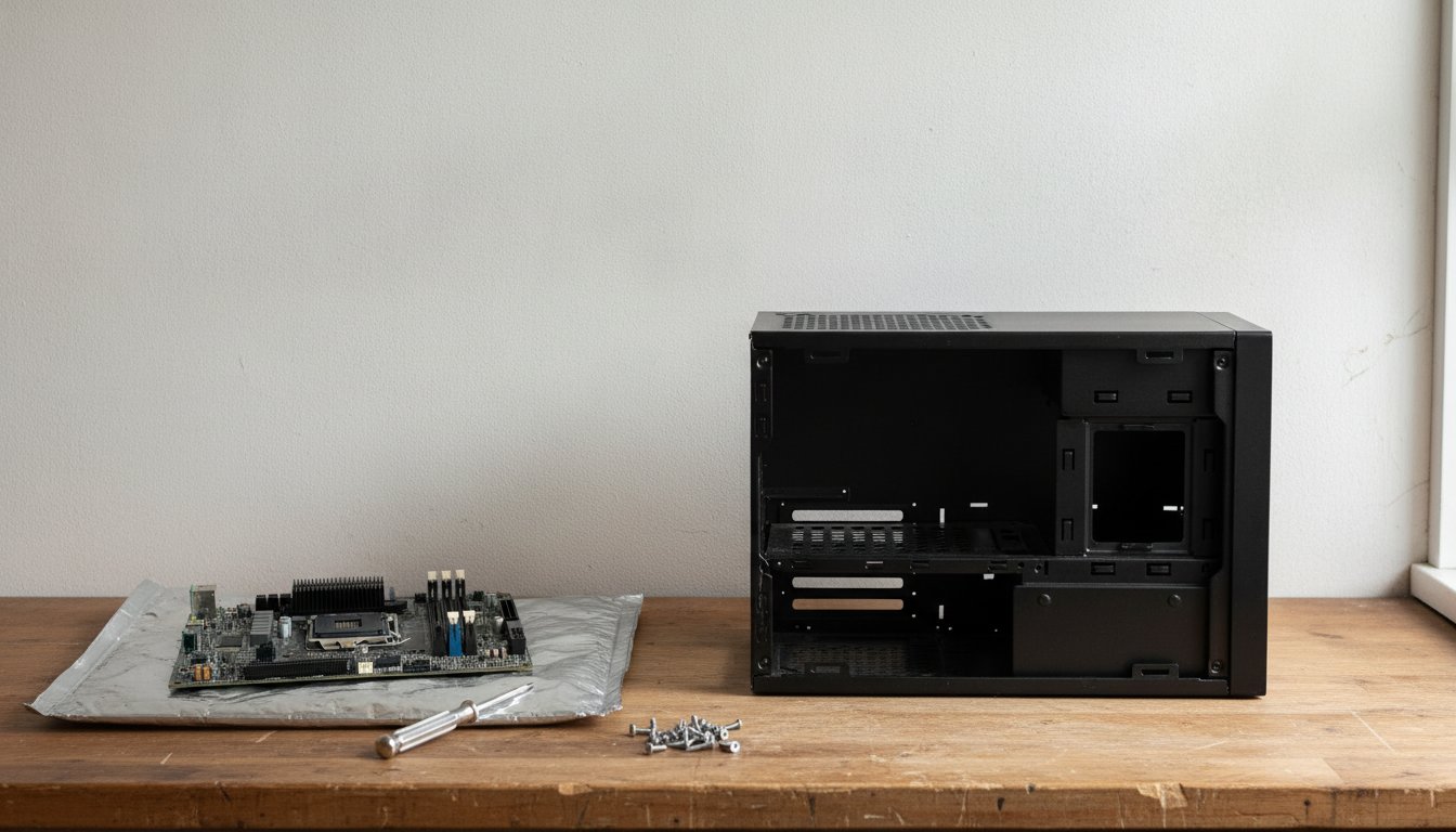 An empty PC case and a motherboard laid out on a workbench at the start of a build