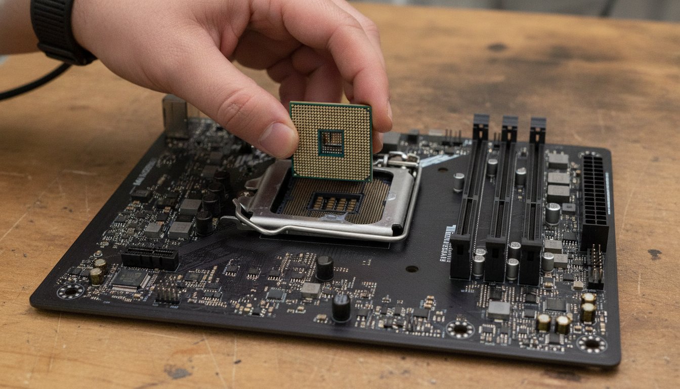 A bench technician lowering a processor into the motherboard socket during a PC build