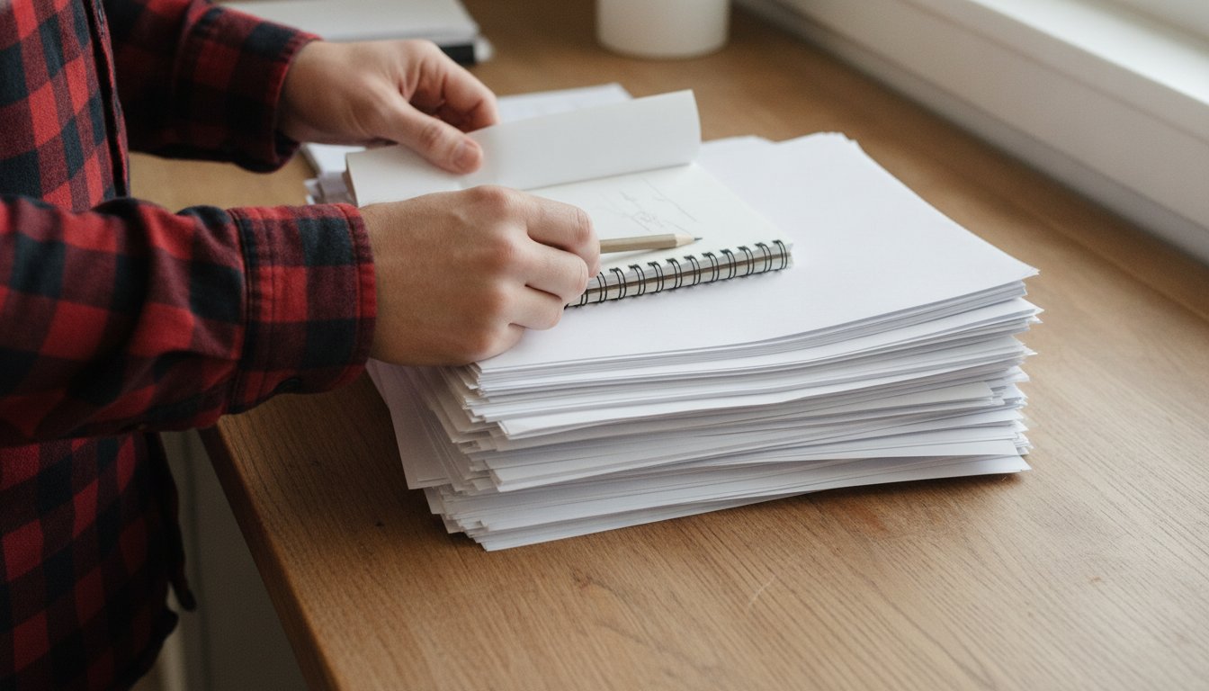 A small notepad with a few pencil lines resting on top of a thick stack of blank papers on a farm office desk, representing setting a clear goal before comparing proposals