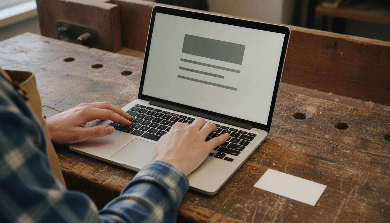 A hand typing on a laptop showing a website layout beside a single blank business card on a workbench, representing the choice between building it yourself or hiring one freelancer