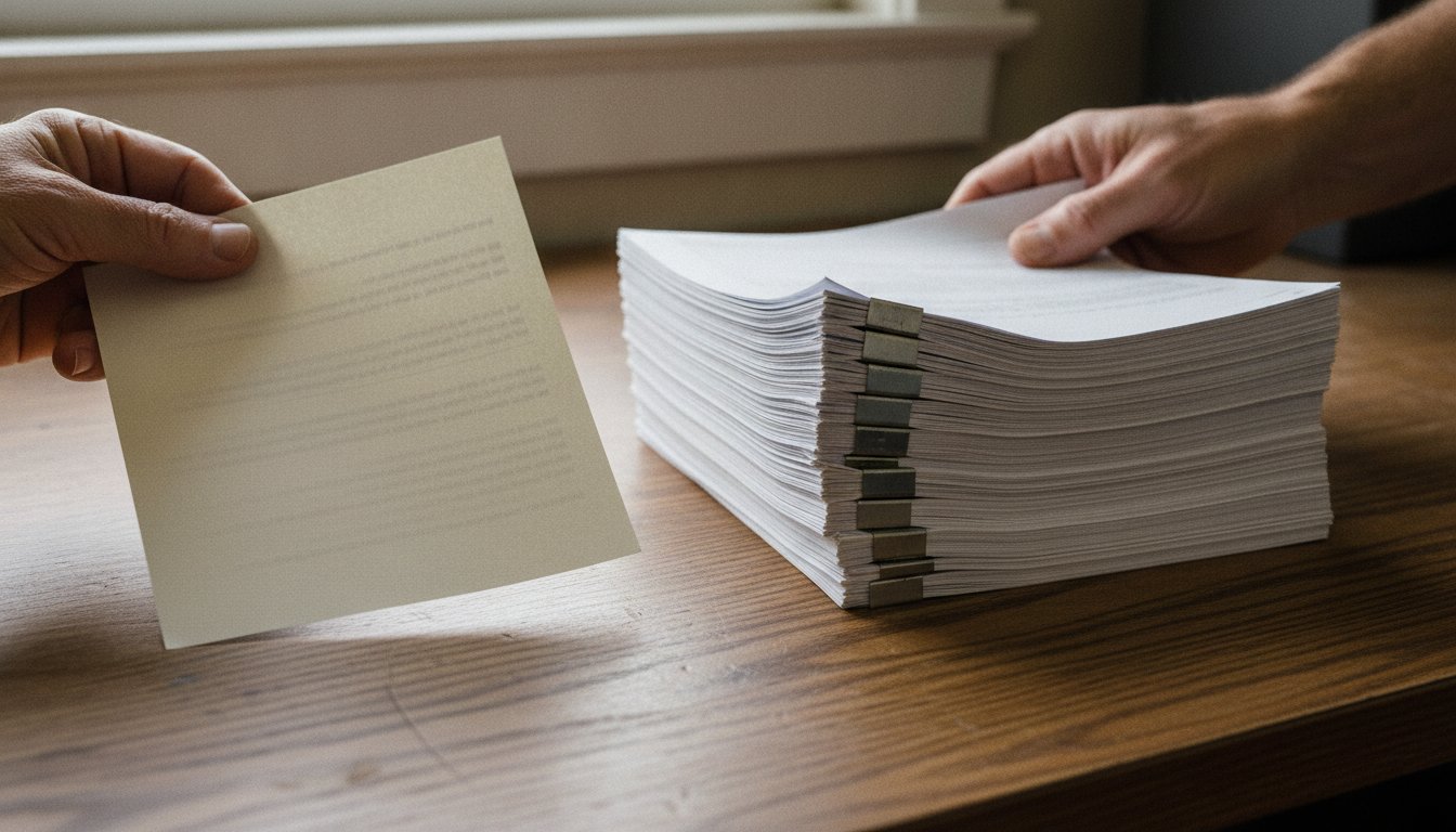 A single thin page next to a thick stapled bundle of pages side by side, representing simple versus complex contracts