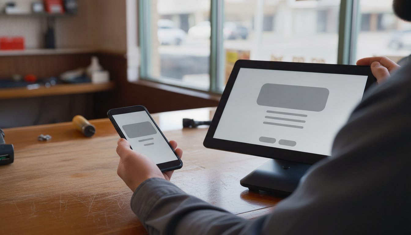 Hands holding a phone with a plain layout and a tablet with a fuller website layout side by side for comparison at a repair shop counter, representing sizing up a web design company's own site