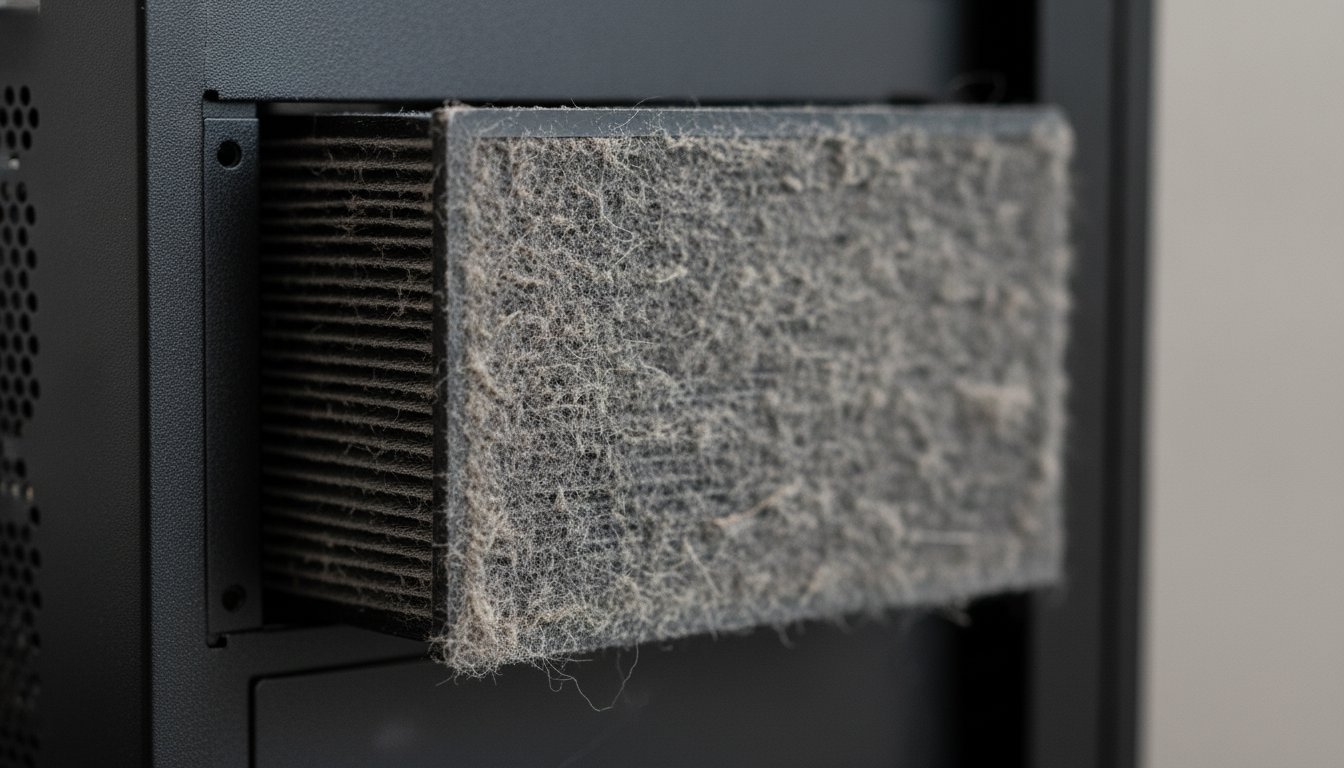 A PC intake dust filter matted with grey felt, the sign a cleaning is overdue
