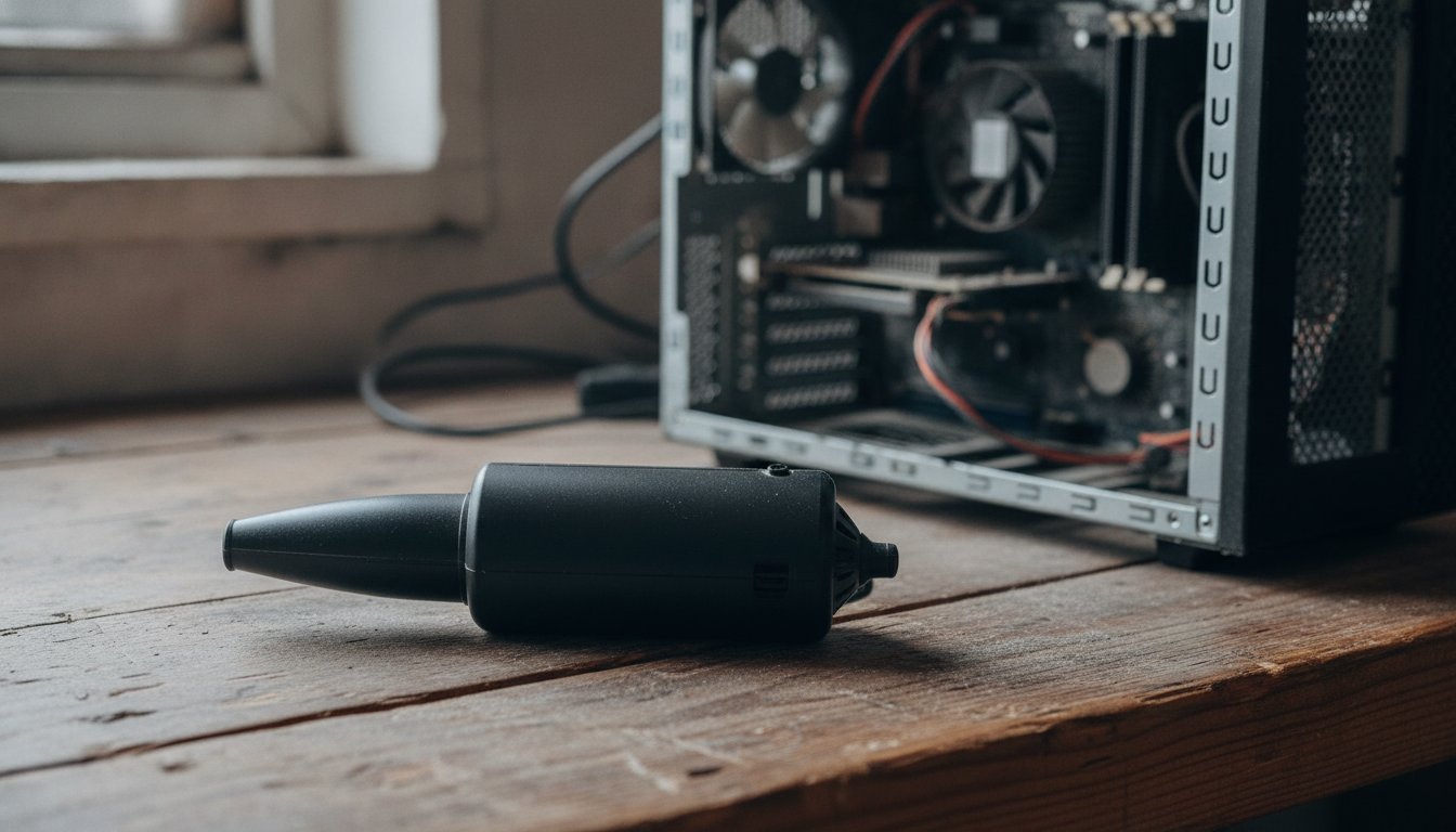 A cordless electric air duster on the bench beside an open PC, the reusable alternative to canned air