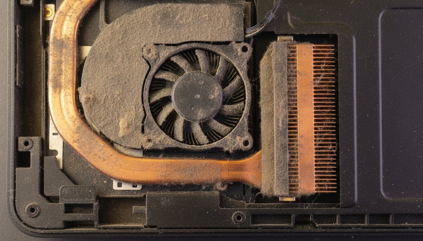 Dust packed around the fan, copper heat pipe and fin stack inside an opened laptop