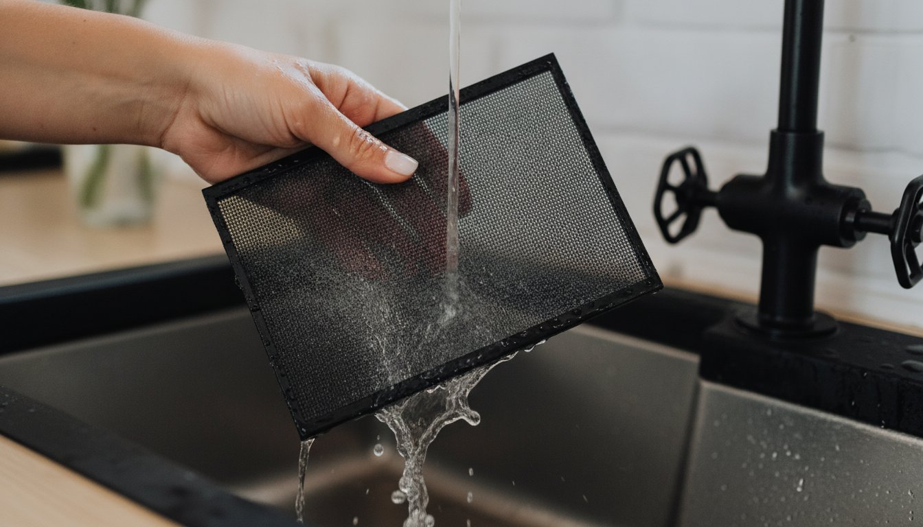 Rinsing a PC dust filter under the tap as part of a safe compressed air cleaning routine