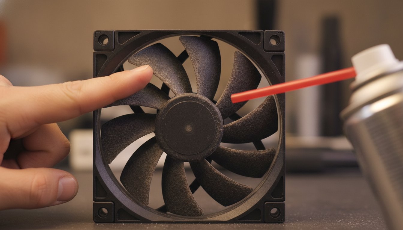 A fingertip holding a dusty PC case fan still while the compressed air straw is aimed at the blades, the step that prevents bearing damage
