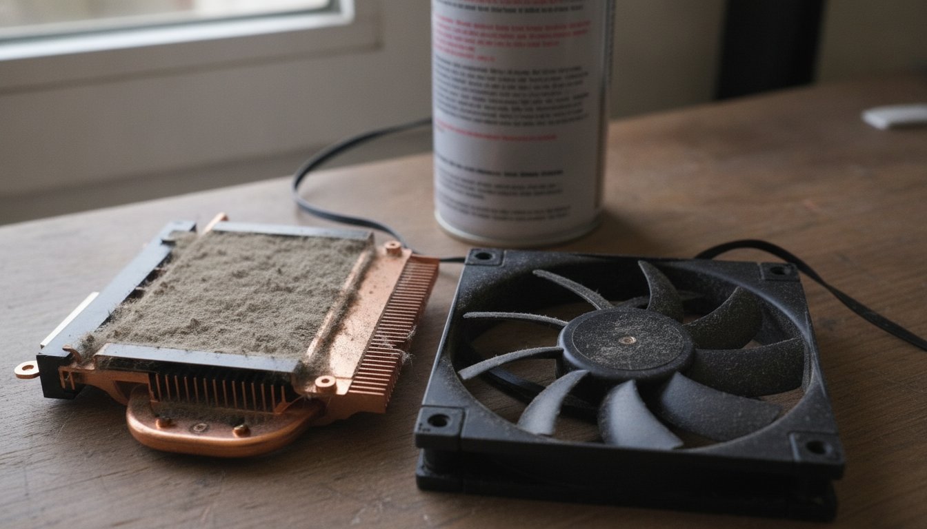 Dust packed laptop cooling fan being cleaned, a common hardware cause of a slow computer