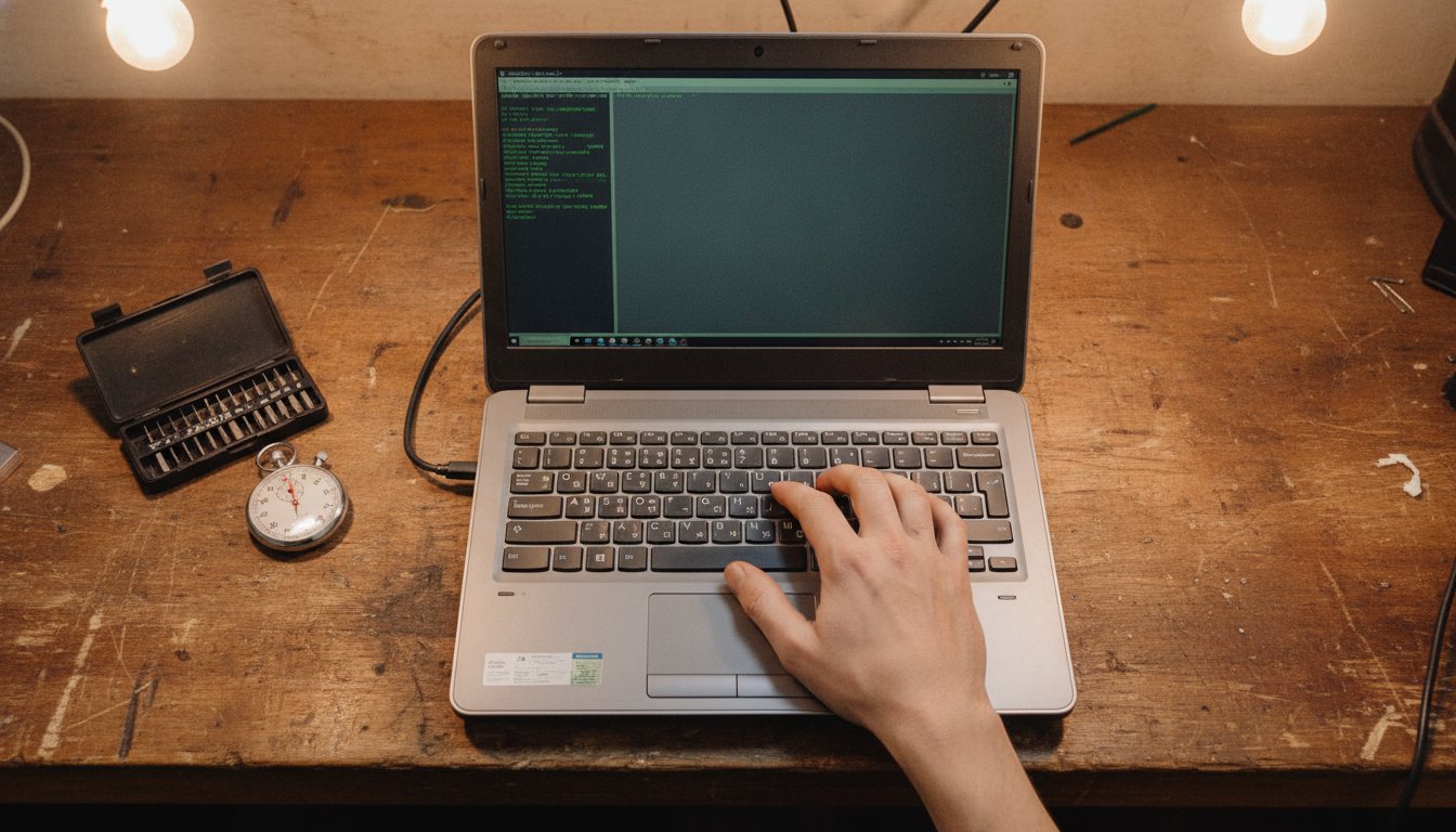 Technician timing a slow laptop on a repair bench before starting free software fixes