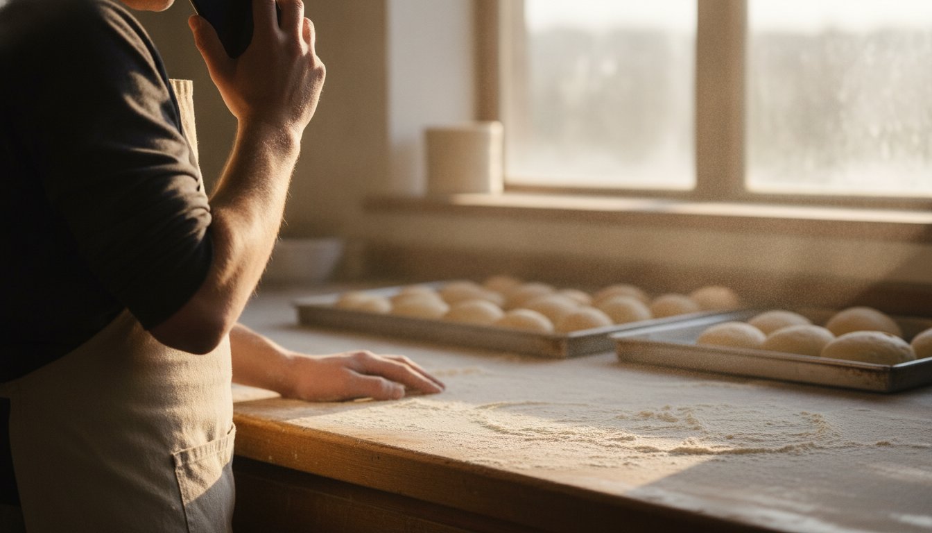 A bakery owner in a flour-dusted apron on the phone with a trusted local business owner, asking for a web designer referral
