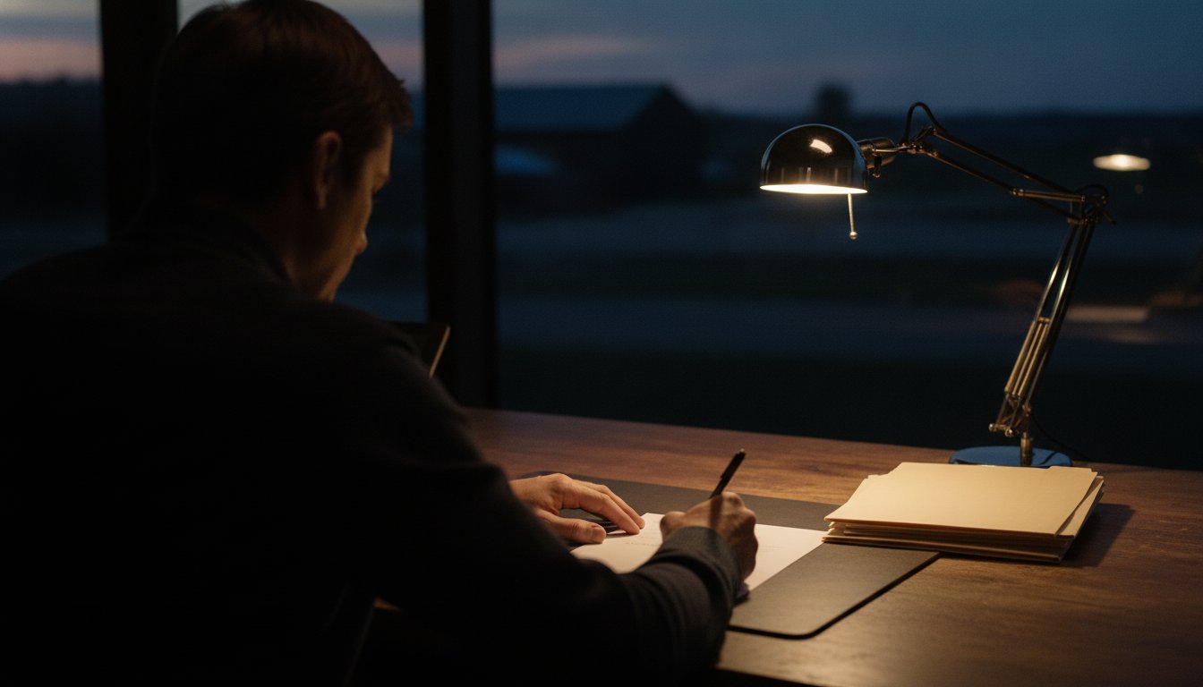 A hand signing a blank one-page contract at a farm office desk by lamp light at dusk, the paperwork that decides who really owns the finished website