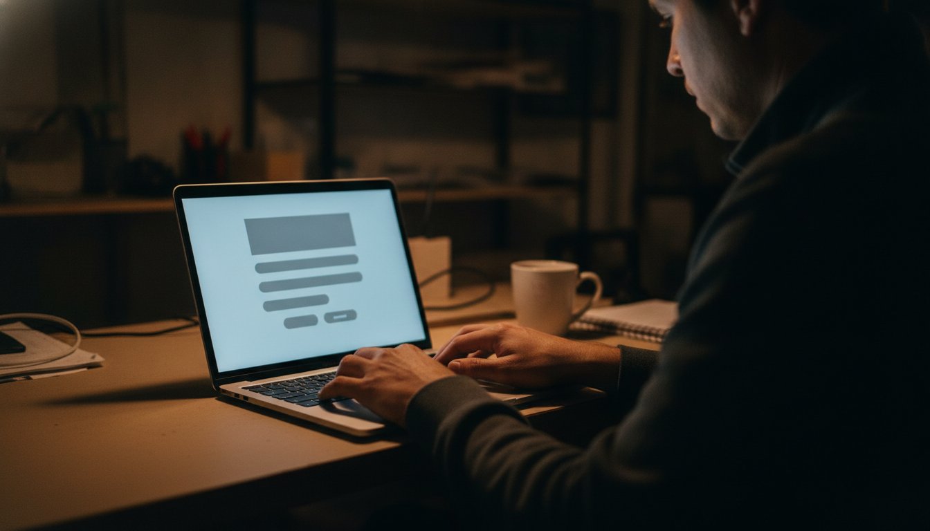 A shop owner working alone at night on a laptop showing a plain grey website layout, building a simple do-it-yourself site instead of hiring out
