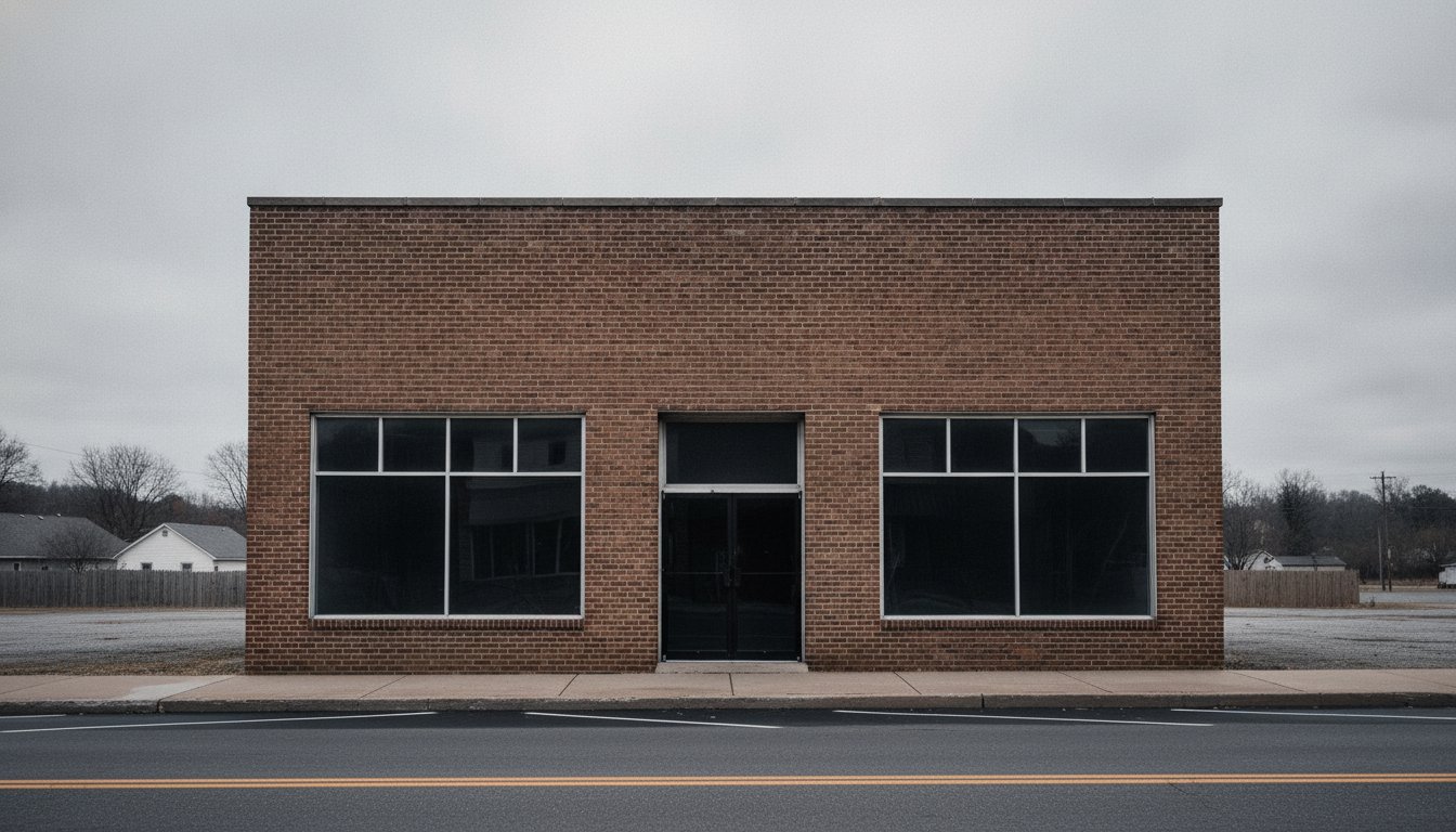 A plain brick storefront on a quiet small-town Main Street, empty sky above, the kind of place a business owner starts thinking about hiring a web designer