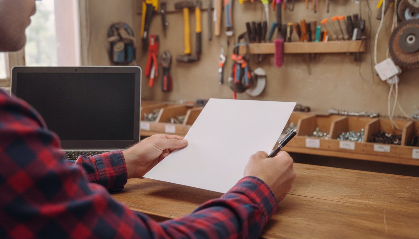 A hand in a flannel shirt sleeve handing over a blank one-page quote next to a closed laptop and a pegboard of hardware store tools, before any money moves
