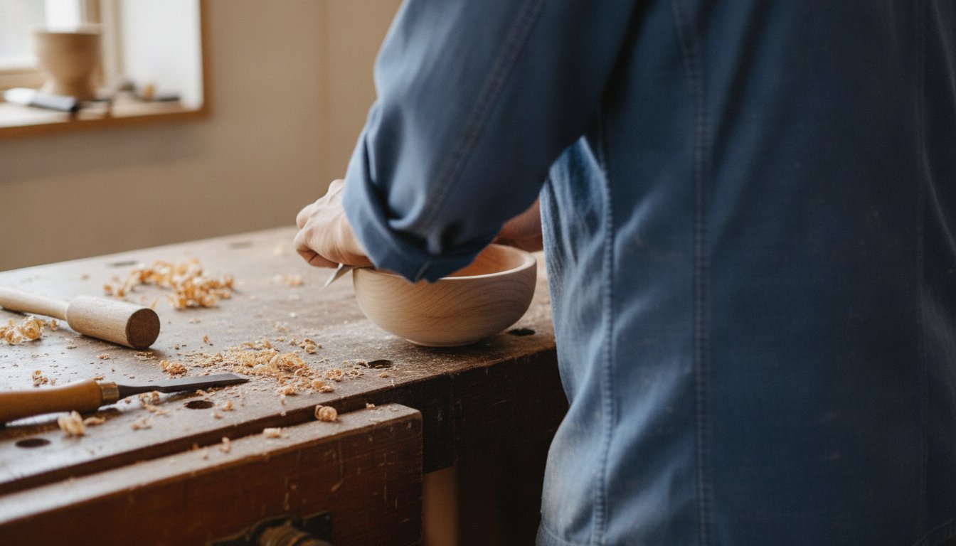 Hands sanding a wooden bowl at a workshop bench, the handmade work that qualifies an item to be sold on Etsy