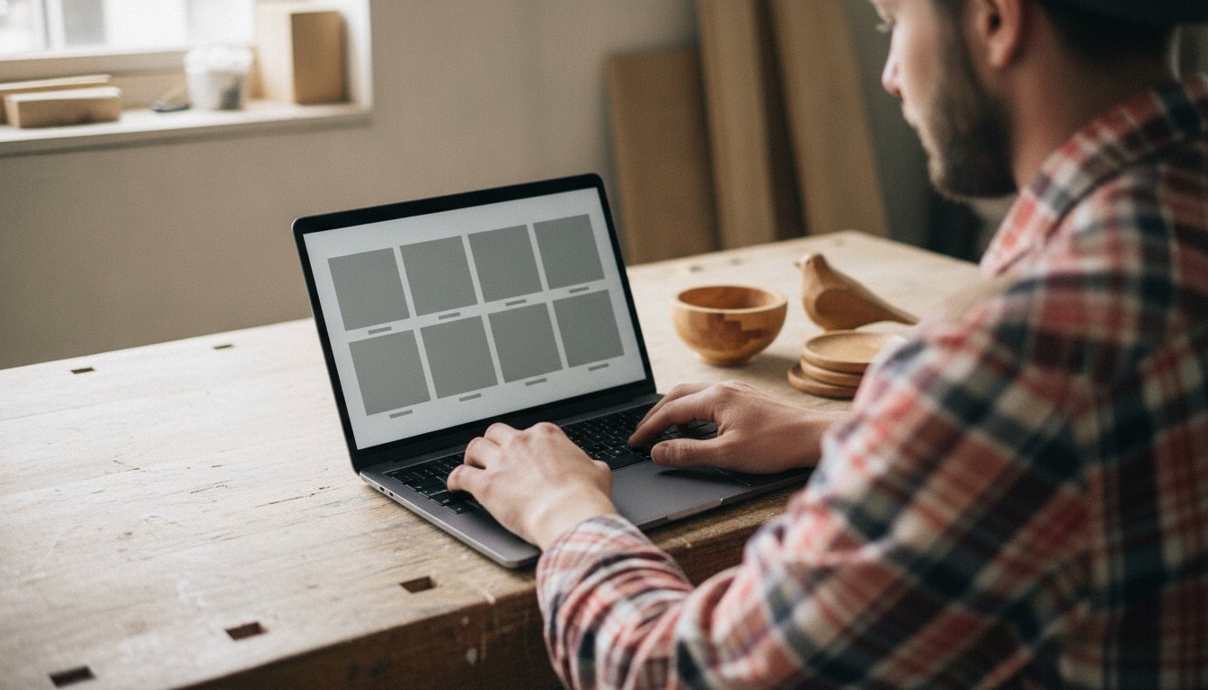 Hands typing on a laptop showing a grid of product photo tiles, representing the listing step of setting up an Etsy shop