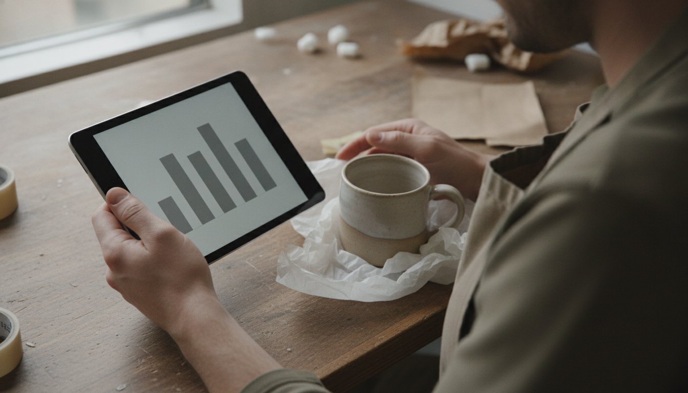 Hands holding a tablet showing ranking factor bars beside a wrapped ceramic mug, representing how Etsy search ranking works