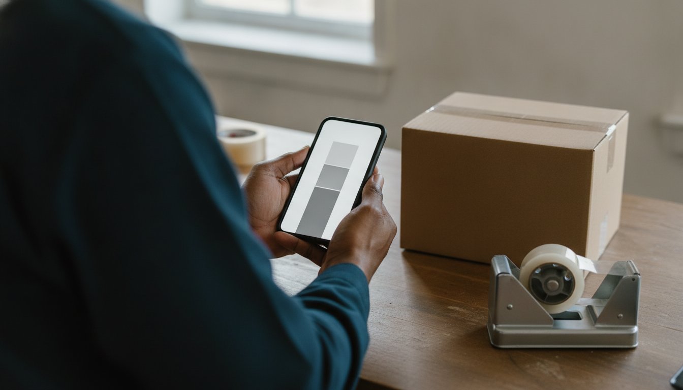 Hands holding a phone showing a stacked, layered fee bar at a packing bench, representing the true layered cost of Etsy fees new sellers miss