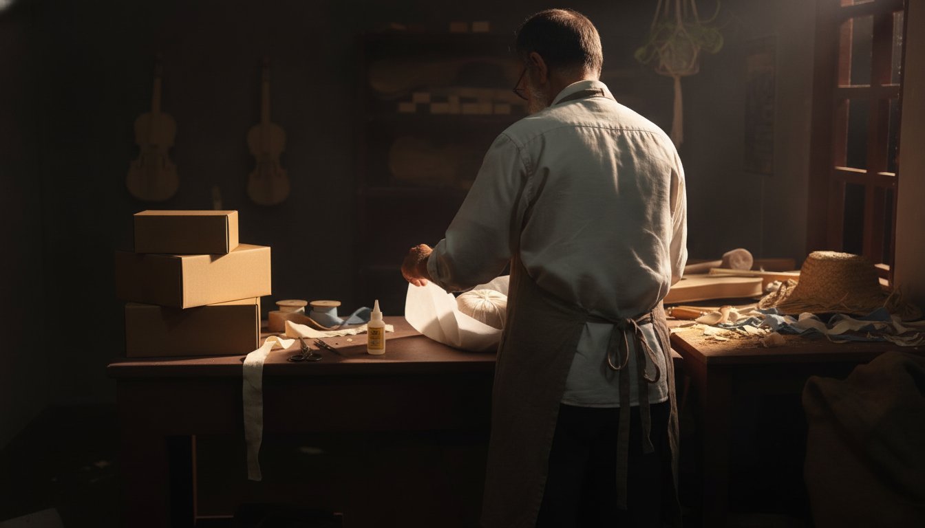 A maker's workbench mid-order with wrapped parcels and packing boxes, the everyday work of running an Etsy shop