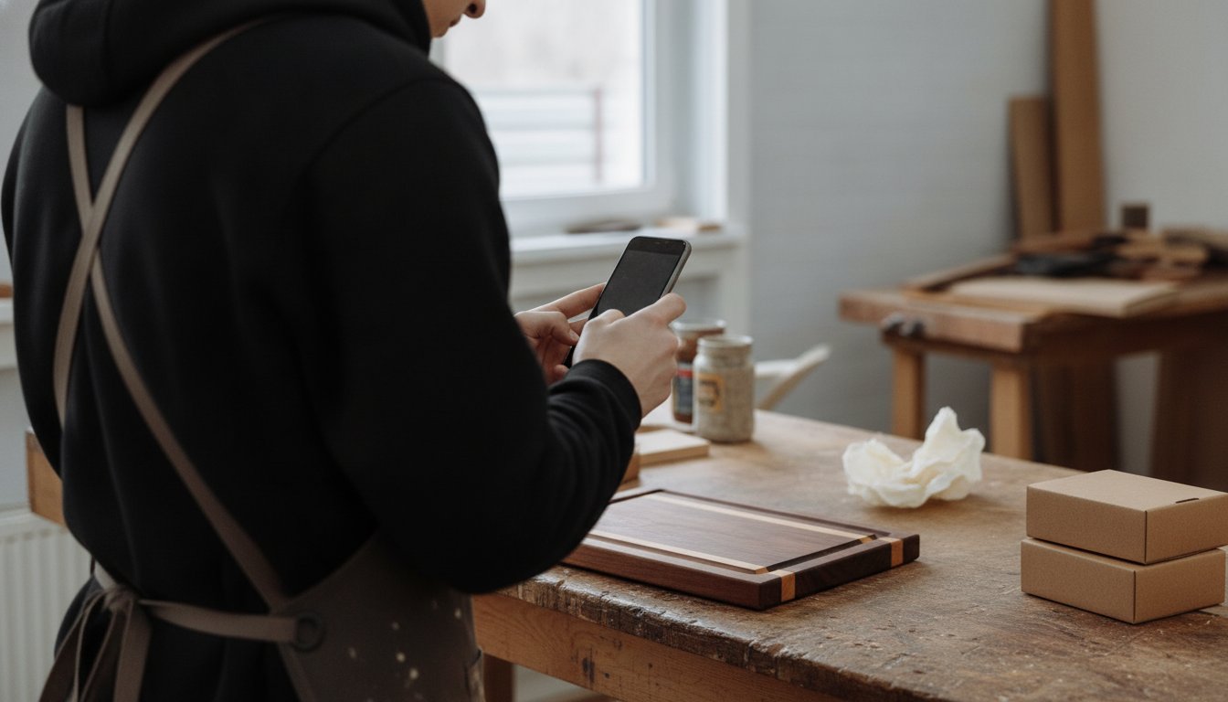 A seller photographing a finished handmade wooden cutting board with a phone, preparing a listing to sell on Etsy