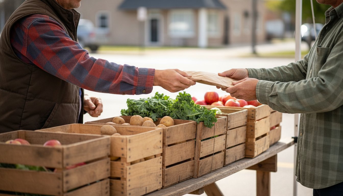 Two hands exchanging a wrapped item over crates of produce at an outdoor market stall, validating a product informally before building an online store