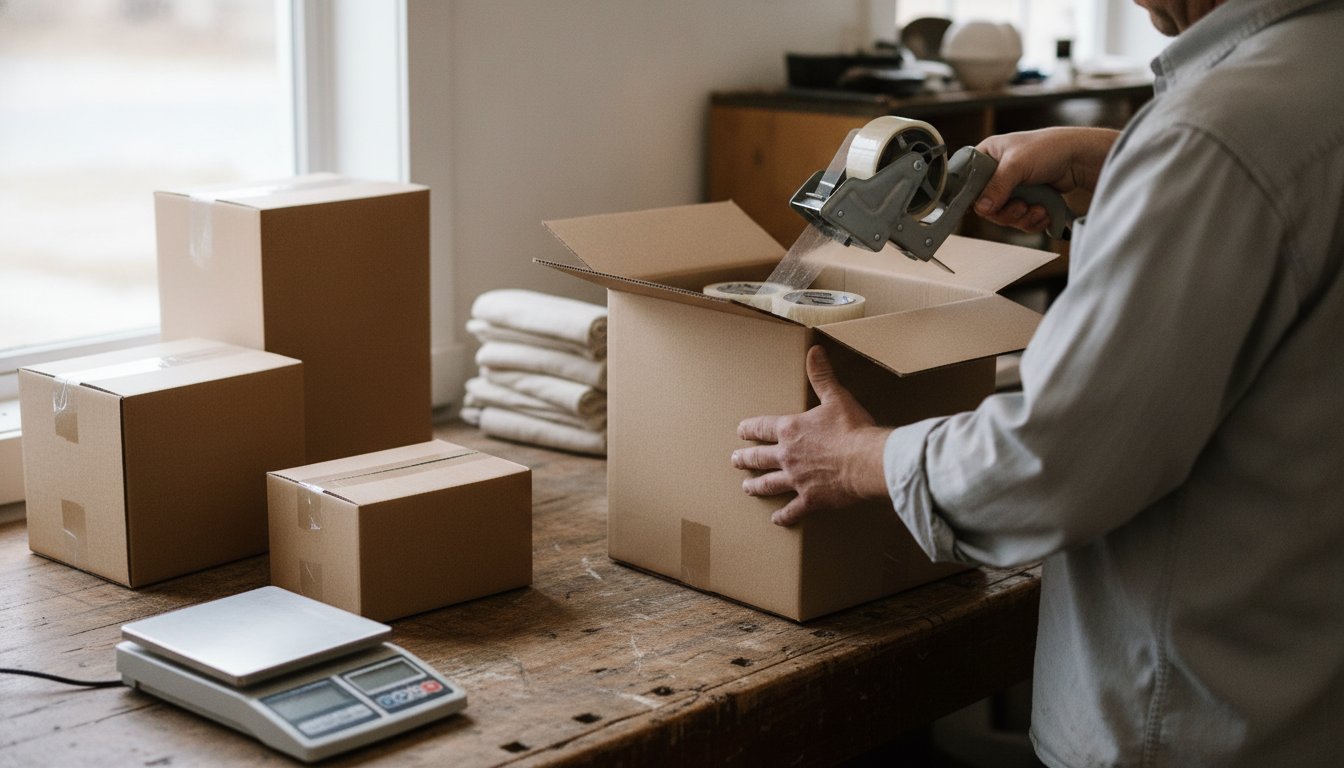 A hand taping shut a shipping box on a packing bench with folded product and a small scale, holding your own inventory for an online store