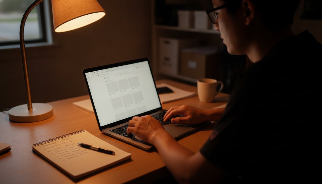 An owner working late under a lamp on a tablet showing a store page, notepad checklist beside it