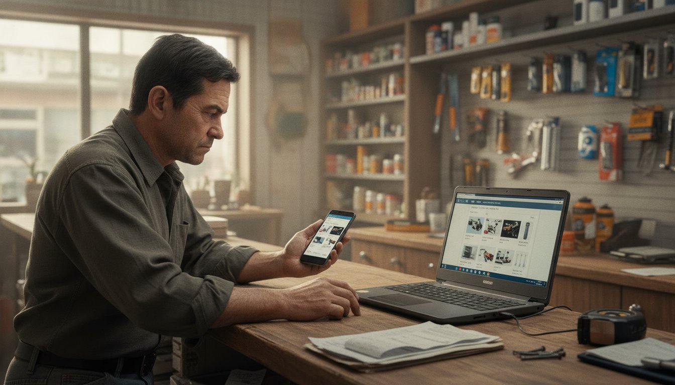 A shop owner comparing a laptop store page with a phone showing a marketplace listing