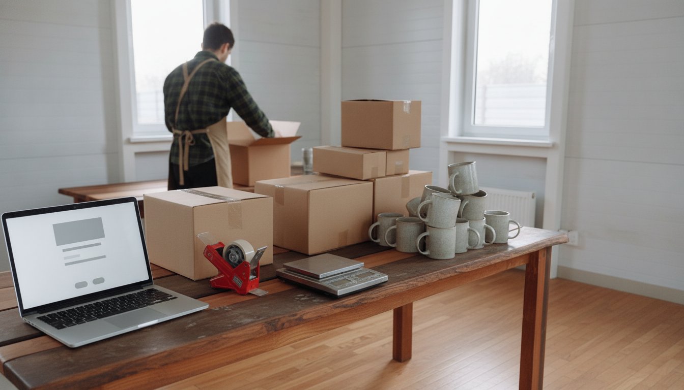 A packing bench with shipping boxes and stacked handmade mugs beside a laptop showing a simple store page, the setup cost of starting an online store