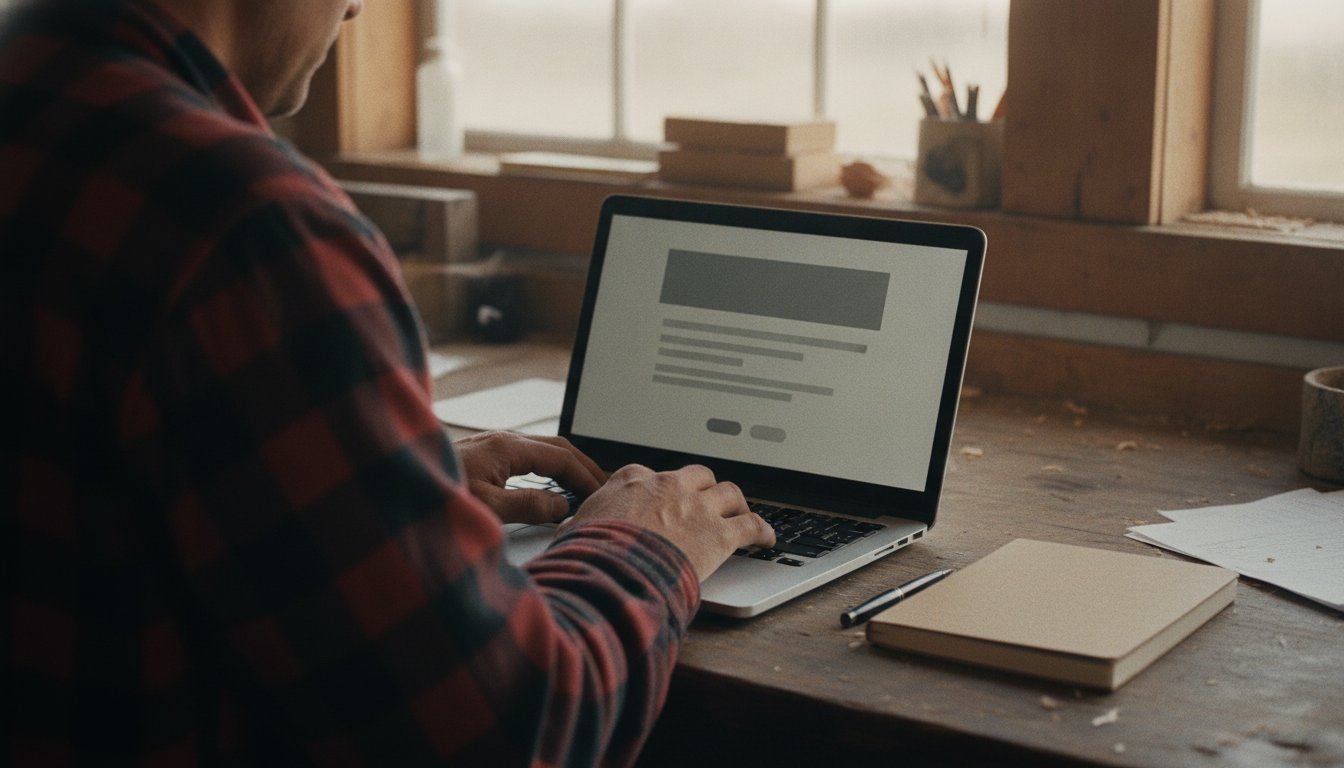 A workbench owner typing on a laptop showing a plain store page layout while starting an online store step by step