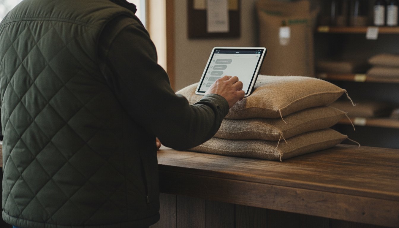 A tablet propped on stacked feed sacks at a feed-store counter showing a chat conversation