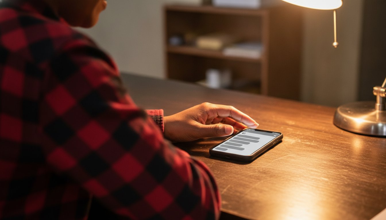 A hand hovering carefully over a phone on a desk at night showing a chat conversation, weighing what data is safe to enter